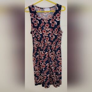 French Grey Navy Midi Dress with Rose Print